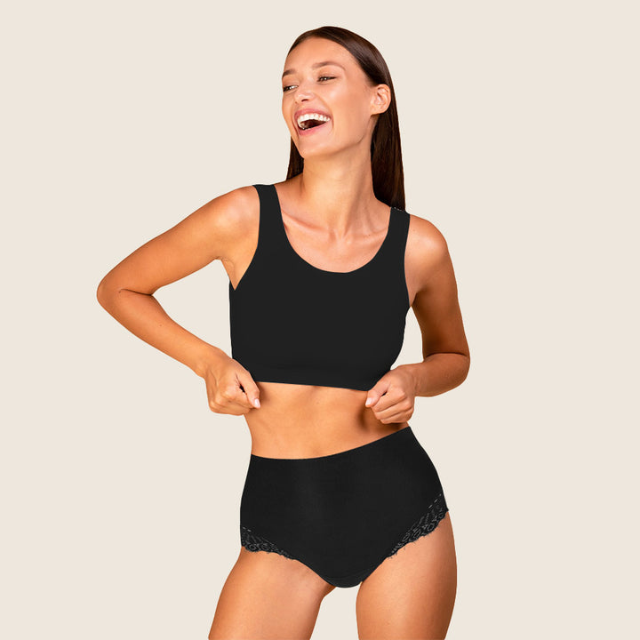 Lilova Period Proof Underwear Leak Free Menstrual Panty Built In Absorbent Undies Best Cycle Protection Panties Brief Seamless Soft-Brushed Cloud High-Waist #color_black