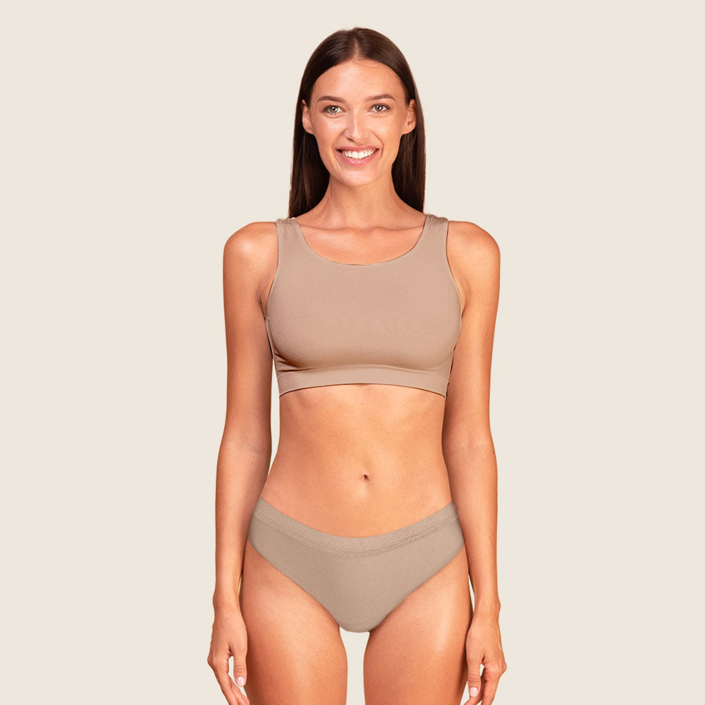 Lilova Period Proof Underwear Leak Free Menstrual Panty Built In Absorbent Undies Best Cycle Protection Panties Brief Seamless Soft-Brushed Cloud Bikini #color_beige