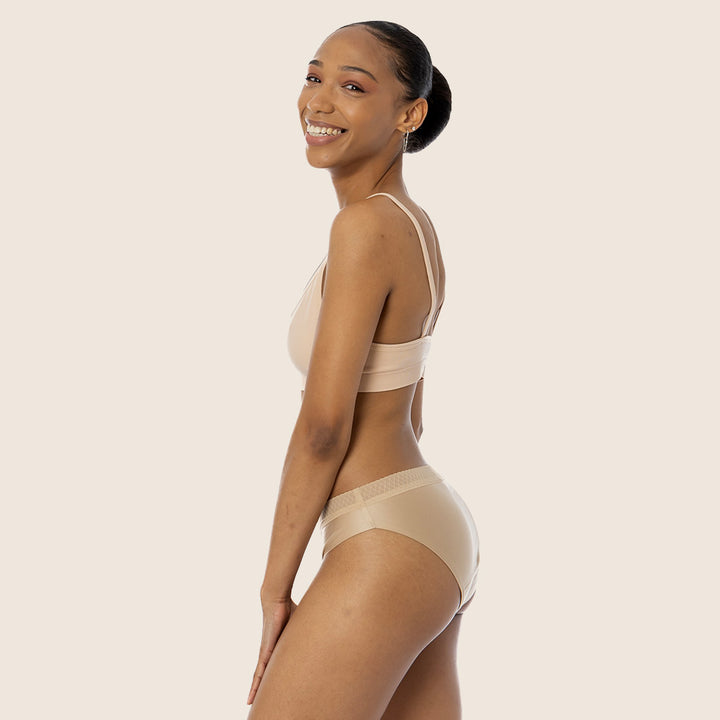 Lilova Period Proof Underwear Leak Free Menstrual Panty Built In Absorbent Undies Best Cycle Protection Panties Brief Seamless Soft-Brushed Cloud Bikini #color_beige