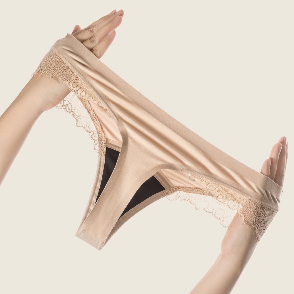Lilova Period Proof Underwear Leak Free Menstrual Panty Built In Absorbent Undies Best Cycle Protection Panties Brief Seamless Soft-Brushed Cloud Thong #color_beige